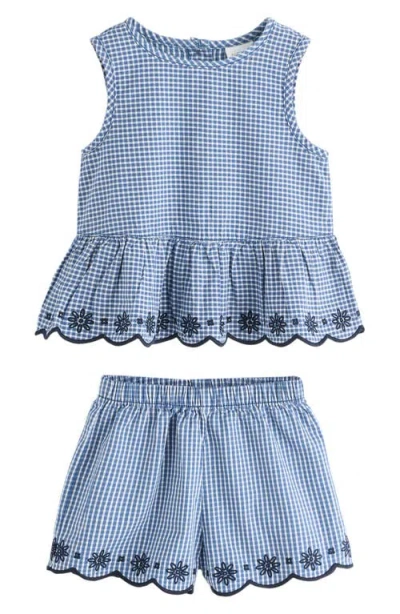 Next Kids' Gingham Broderie Cotton Tank & Shorts Set In Blue