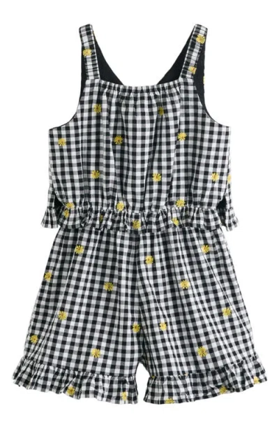 Next Kids' Gingham Ruffle Embroidered Cotton Romper In Black