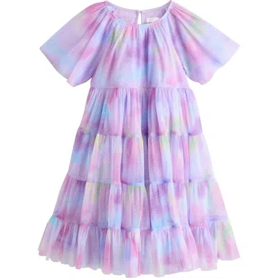 Next Kids' Glitter Ombré Flutter Sleeve Tiered Mesh Dress In Purple