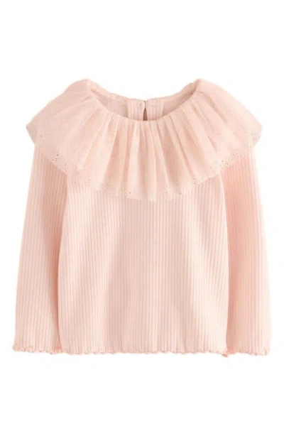 Next Kids' Glitter Ruffle Trim Rib Top In Ivory/pink