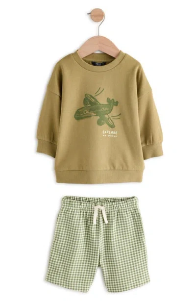 Next Babies'  Kids' Graphic Cotton Sweatshirt & Gingham Shorts Set In Green