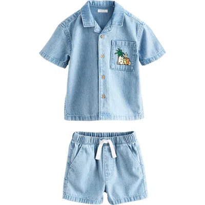 Next Kids' Graphic Denim Button-up Top & Shorts Set In Blue