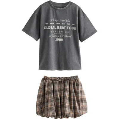 Next Kids' Graphic T-shirt & Plaid Bubble Hem Skirt Set In Gray