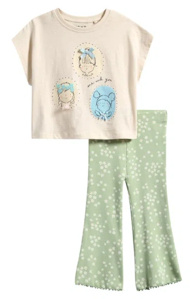 Next Kids' Graphic T-shirt & Rib Flare Leggings Set In Ecru/blue