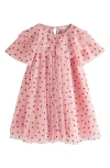 Next Kids' Heart Print Flutter Sleeve Tulle Dress In Pink