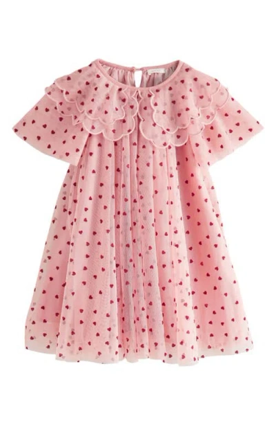 Next Kids' Heart Print Flutter Sleeve Tulle Dress In Pink