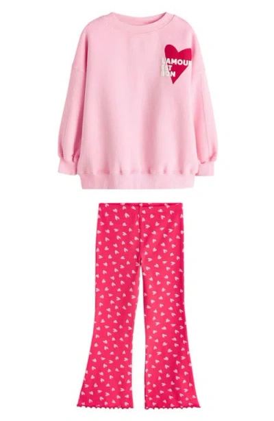 Next Kids' Heart Sweatshirt & Flare Leggings Set In Pink