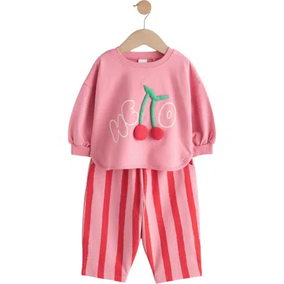 Next Kids' Hello Cherry Appliqué Cotton Sweatshirt & Stripe Sweatpants Set In Pink