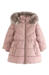 Next Kids' Hooded Puffer Coat With Faux Fur Trim In Pink