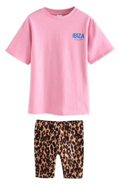 Next Kids' Ibiza Oversize Graphic T-shirt & Leopard Print Bike Shorts Set In Pink