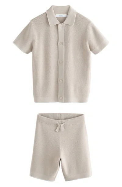 Next Kids' Knit Short Sleeve Button-up Shirt & Shorts Set In Neutral