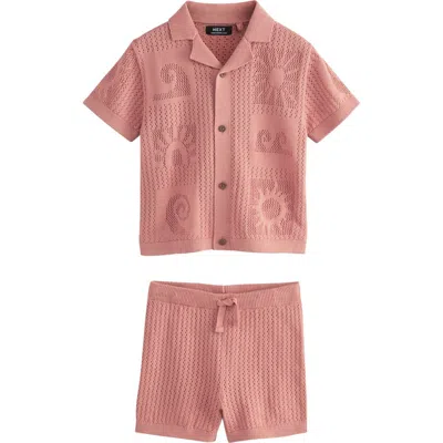 Next Kids' Leaf Open Knit Camp Shirt & Shorts Set In Pink