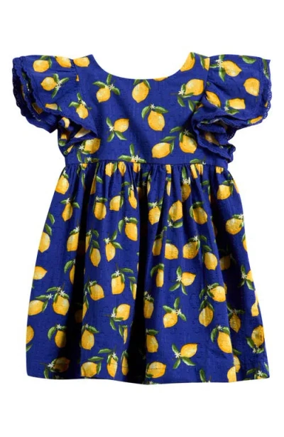 Next Babies'  Kids' Lemon Print Angel Sleeve Cotton Jacquard Dress In Blue