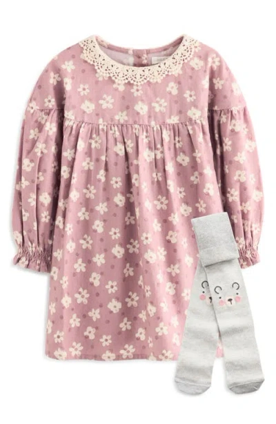 Next Kids' Long Sleeve Cotton Dress & Tights Set In Purple