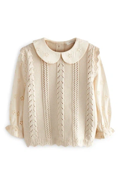 Next Kids' Mix Media Pointelle & Eyelet Cotton Sweater In Ivory