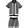 Next Kids' Mono Geo Short Sleeve Knit Cotton Button-up Shirt & Drawstring Shorts Set In Gray