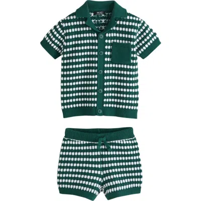 Next Kids' Mono Stripe Crochet Polo & Shorts Set In Green