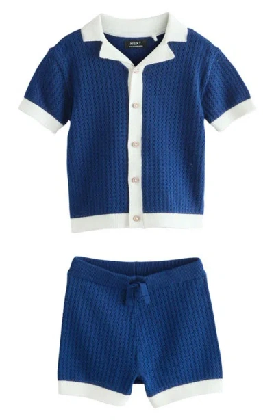 Next Kids' Open Knit Camp Shirt & Shorts Set In Blue