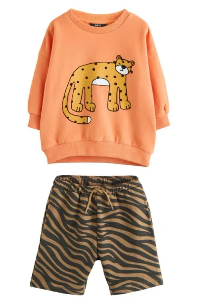 Next Kids' Oversize Leopard Crewneck Sweatshirt & Zebra Stripe Shorts Set In Orange