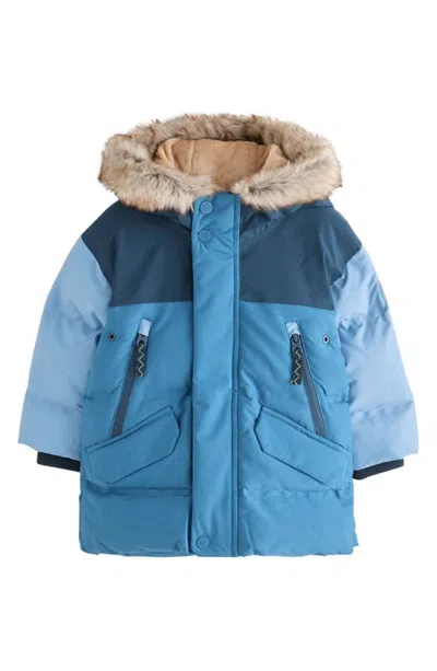 Next Babies'  Kids' Padded Arctic Waterproof Coat With Faux Fur Hood In Blue