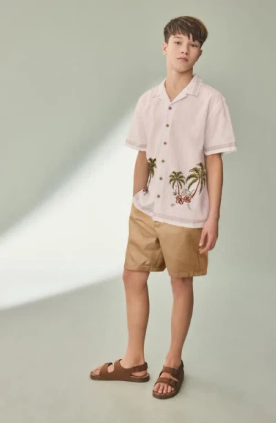 Next Kids' Palm Tree Embroidered Short Sleeve Linen & Cotton Button-up Shirt