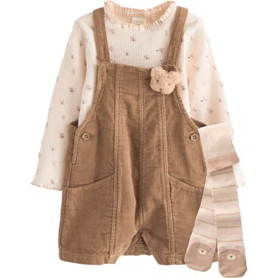 Next Kids' Pini Bear Top, Overall & Tights Set In Pink