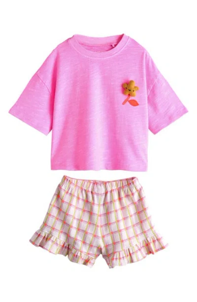 Next Babies'  Kids' Plush Flower Appliqué T-shirt & Check Shorts Set In Multi