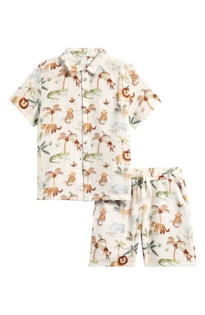 Next Kids' Print Cotton Gauze Button-up Shirt & Shorts Set In Neutral
