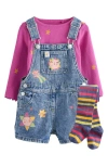 Next Kids' Print T-shirt, Denim Overalls & Socks Set In Blue