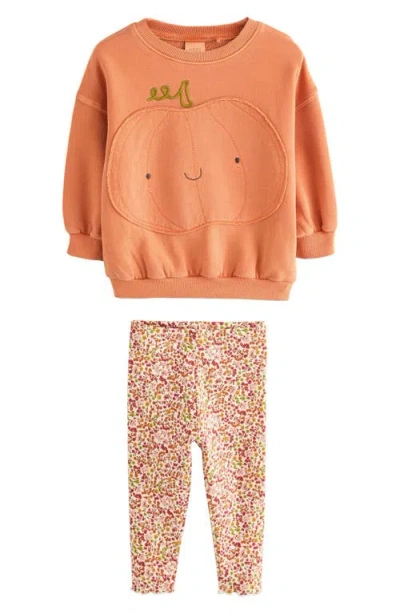 Next Babies'  Kids' Pumpkin Embroidered Graphic Sweatshirt & Print Leggings Set In Orange