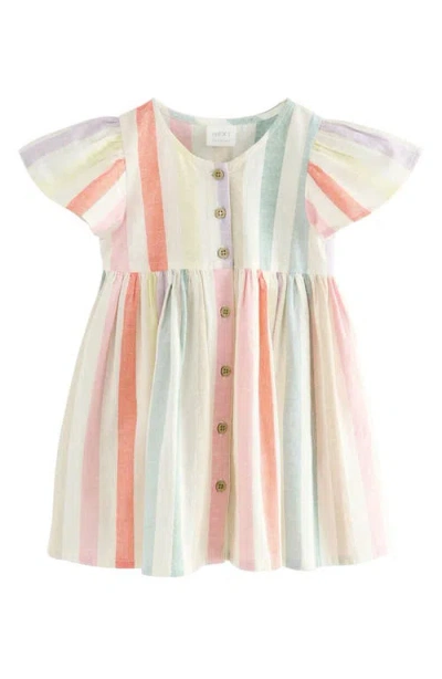 Next Babies'  Kids' Rainbow Stripe Flutter Sleeve Cotton & Linen Dress