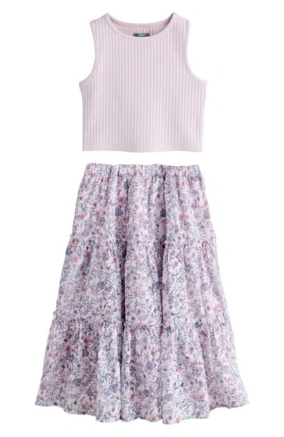 Next Kids' Rib Tank & Floral Skirt Set In Purple