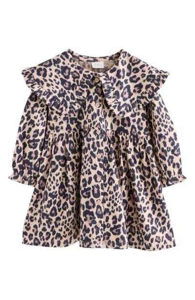 Next Kids' Ruffle Long Sleeve Cotton Blend Dress In Animal Print