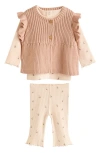 Next Kids' Ruffle Vest, Rib T-shirt & Leggings Set In Brown