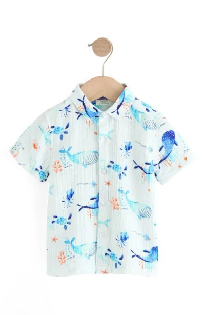 Next Babies'  Kids' Sea Life Print Short Sleeve Cotton Button-up Shirt In Blue