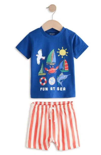 Next Babies'  Kids' Seaside Appliqué Graphic T-shirt & Stripe Shorts Set In Blue