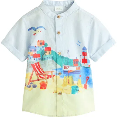 Next Kids' Seaside Print Grandad Collar Short Sleeve Button-up Shirt In Blue