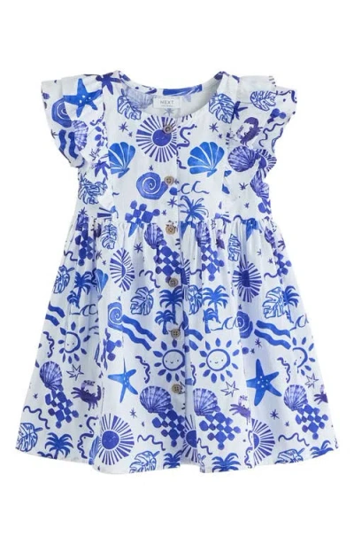 Next Babies'  Kids' Seaside Print Ruffle Button Front Cotton Dress In Blue