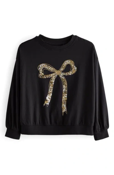 Next Kids' Sequin Bow Long Sleeve Cotton Graphic T-shirt In Black