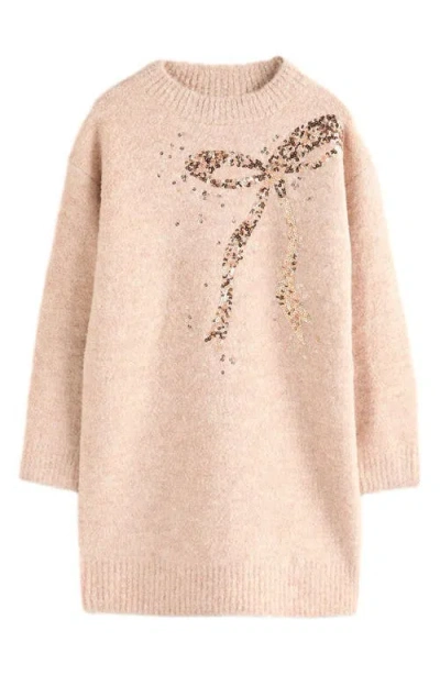 Next Kids' Sequin Bow Long Sleeve Sweater Dress In Nude