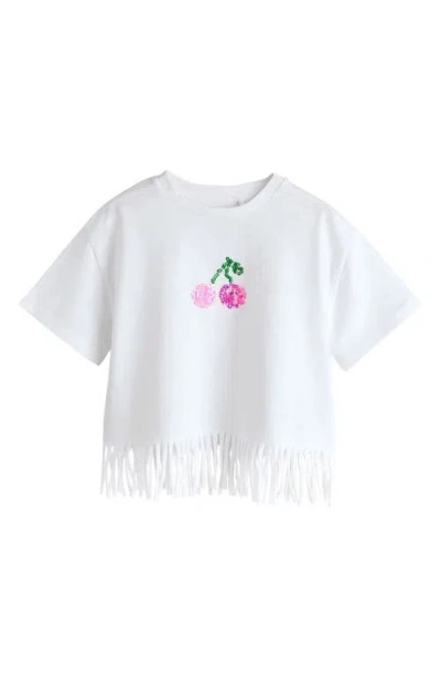 Next Kids' Sequin Cherry Fringe Trim Cotton T-shirt In White
