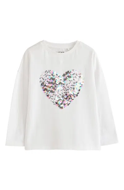 Next Kids' Sequin Heart Long Sleeve T-shirt In White