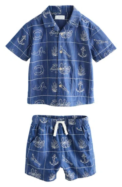 Next Kids' Stitch Button-up Shirt & Shorts Set In Blue