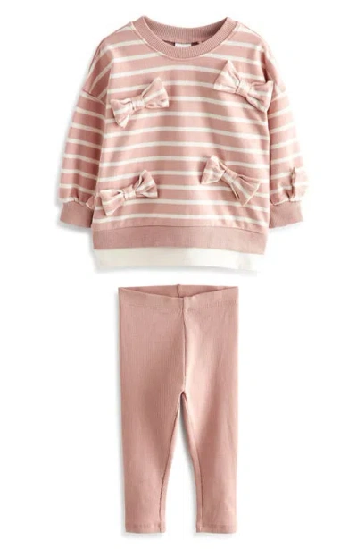 Next Kids' Stripe Bow Accent Cotton Sweatshirt & Leggings Set In Pink