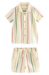 Next Kids' Stripe Cotton Seersucker Camp Shirt & Drawstring Shorts Set In Neutral