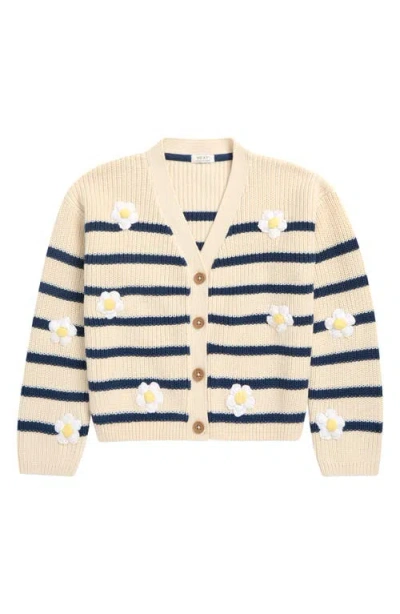 Next Kids' Stripe Daisy Embroidered Cotton Cardigan In Blue/ivory Stripe