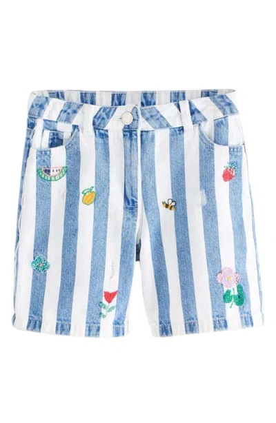 Next Kids' Stripe Distressed Embroidered Denim Shorts In Blue