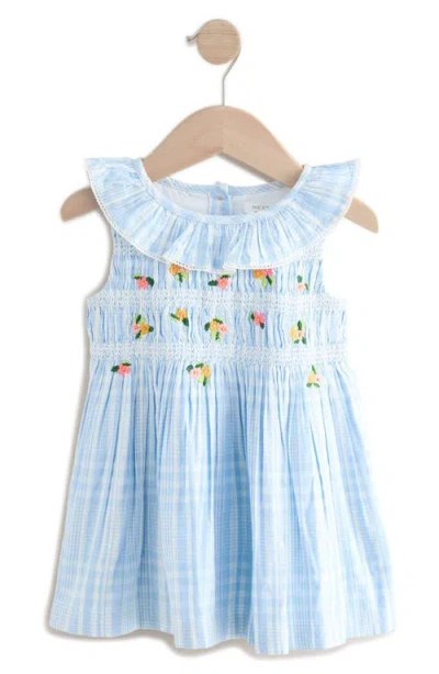 Next Babies'  Kids' Stripe Embroidered Shirred Cotton Dress In Blue