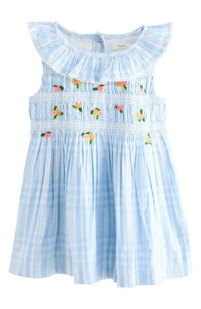 Next Kids' Stripe Embroidered Shirred Cotton Dress In Blue