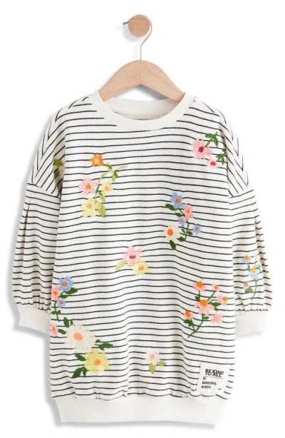 Next Kids' Stripe Floral Embroidered Tunic Sweater In White/black